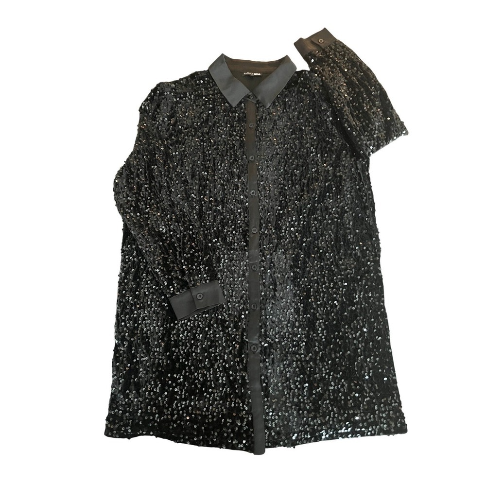 Fashion Nova Womens Black Sequin Button Down Shirt Dress Tunic XL D8326C (1072)
